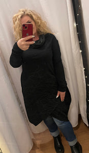 Cross over hem black tunic dress