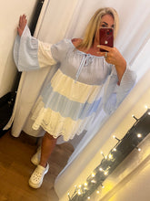 Load image into Gallery viewer, Blue white gypsy smock dress
